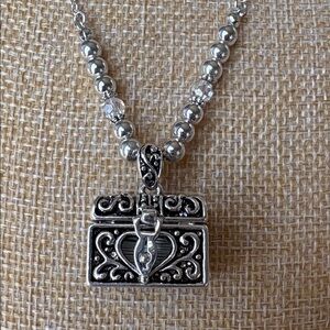 NWT Silver  Beaded Necklace with Ornate Box Pendant Holding the Lord’s Prayer